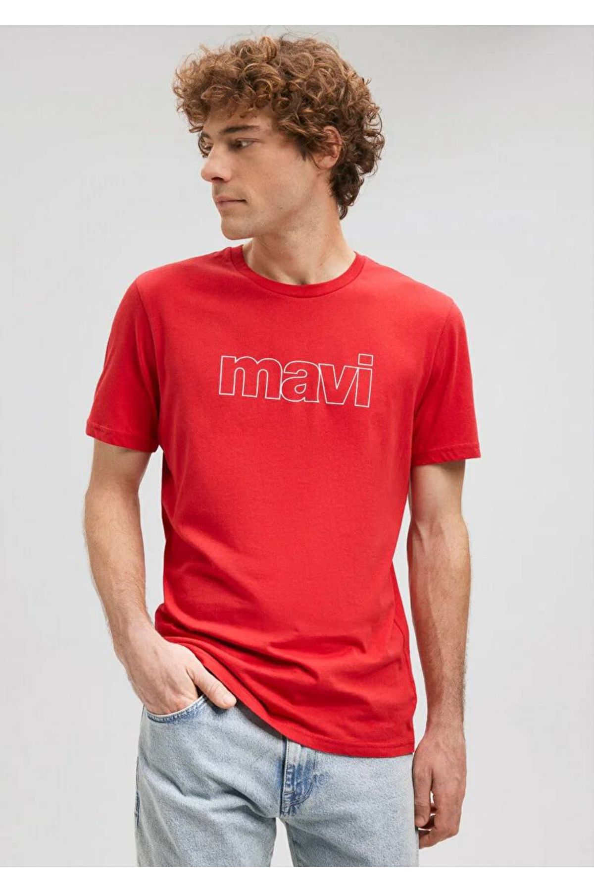 Mavi-تي شيرت أحمر بقصة ضيقة مطبوع عليه شعار -065781-34535 4