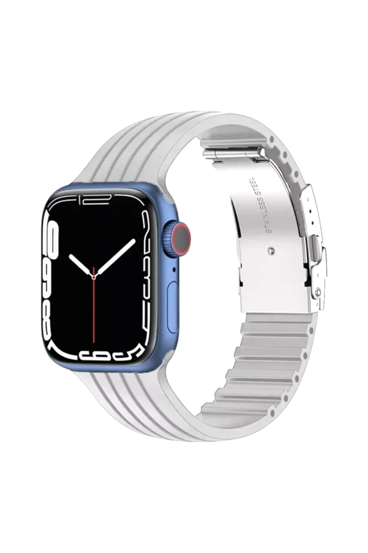 FirstModel Apple Watch ( Seri 10 - 42 mm Uyumlu) Metal Klipsli Çizgili Silikon Kordon Beyaz