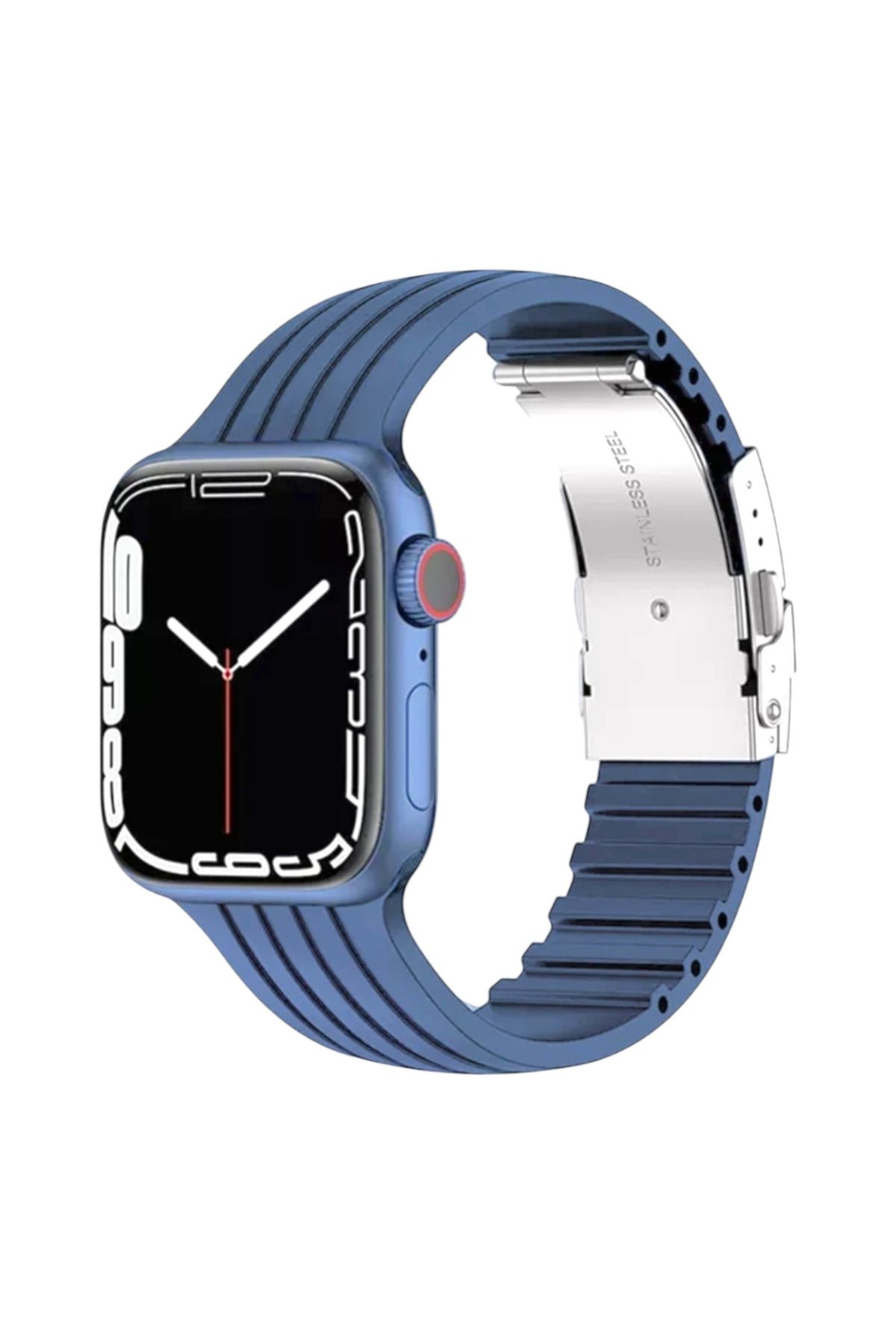 FirstModel Apple Watch (38mm / 40mm/ 41mm /SE Uyumlu) Metal Klipsli Çizgili Silikon Kordon Mavi