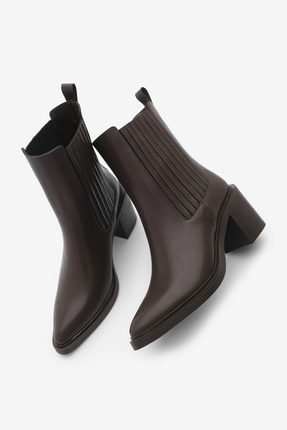 Marjin Kadın Sivri Burun Çift Lastikli Kalın Topuklu Bot Solav Kahve