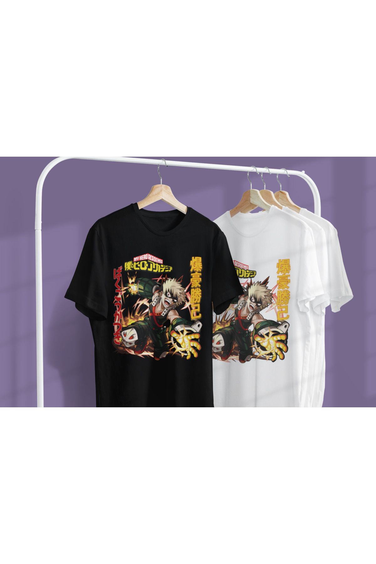 MAGORS KATSUKI BAKUGO MANGA ANIME BASKILI PAMUKLU BİSİKLET YAKA OVERSIZE SİYAH-BEYAZ İKİLİ TAKIM TSHIRT