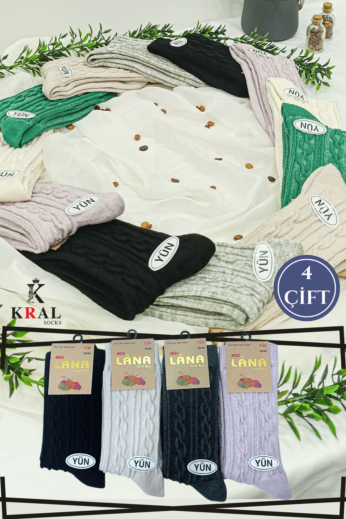 KRAL SOCKS Kadın Yün Çorap (4 Çift) Kışlık  Termal Etkili Soft Yünlü Doku