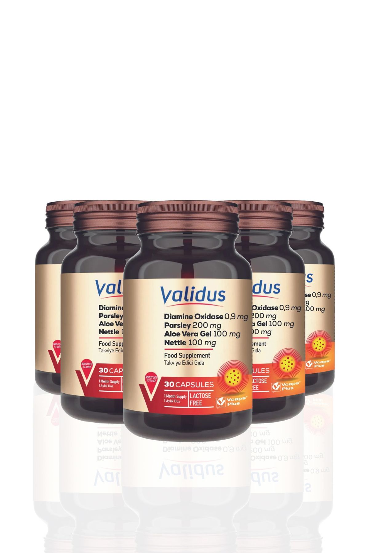 Validus 5'li Özel Set Diamine Oxidase 0,9 mg + Parsley 200 mg + Aloe Vera Gel 100 mg + 5 x 30 Capsules