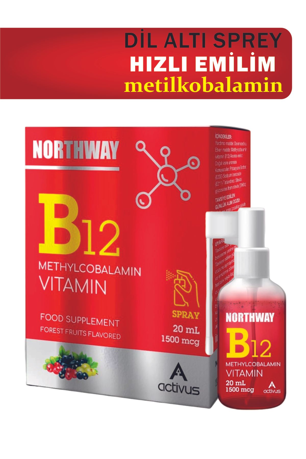 ACTİVUS Northway Metilkobalamin B12 Vitamin Dil altı Sprey 1500 mcg Orman Meyve Aromalı methylcobalamin