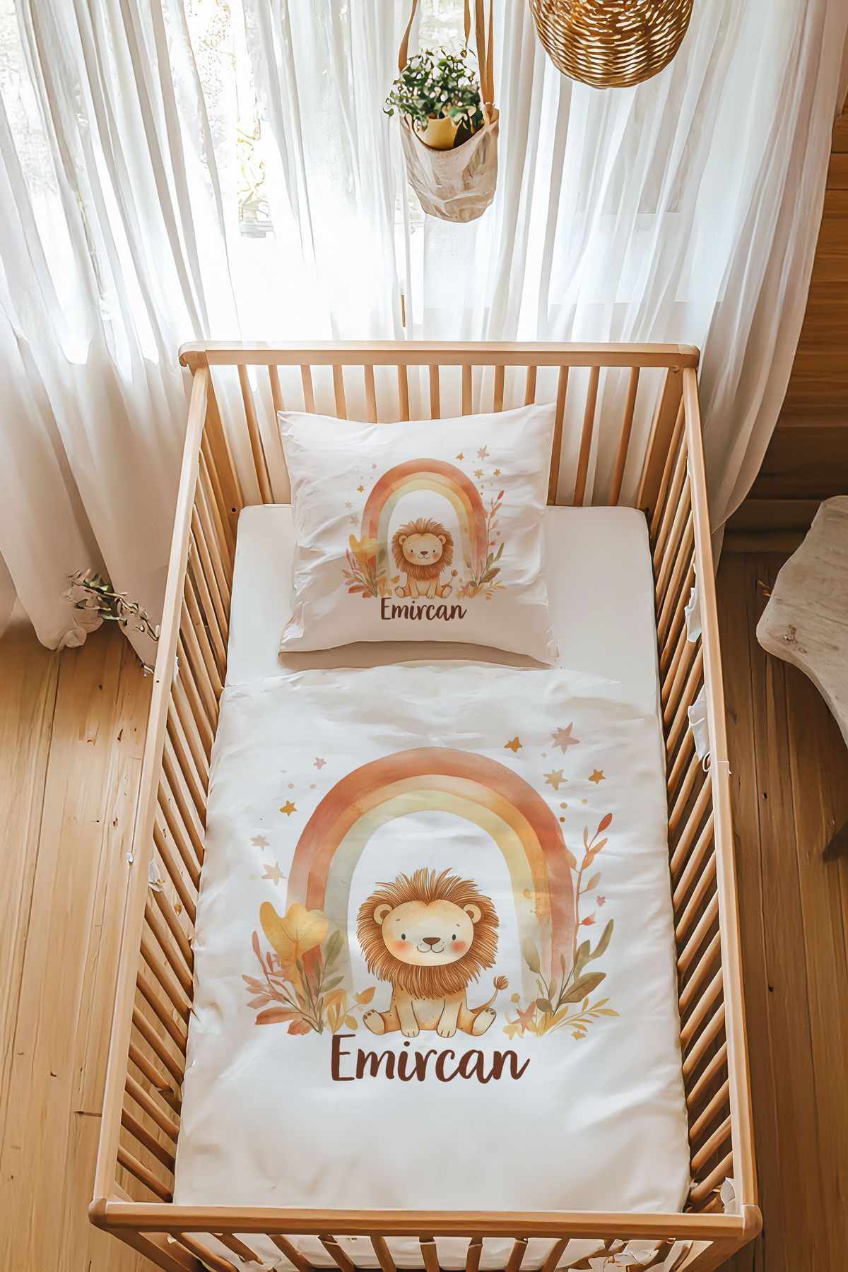 Astral Baby %100 Pamuk Saten Isme Özel Isimli Park Yatak Nevresim Takımı (70X120 CM) Aslan