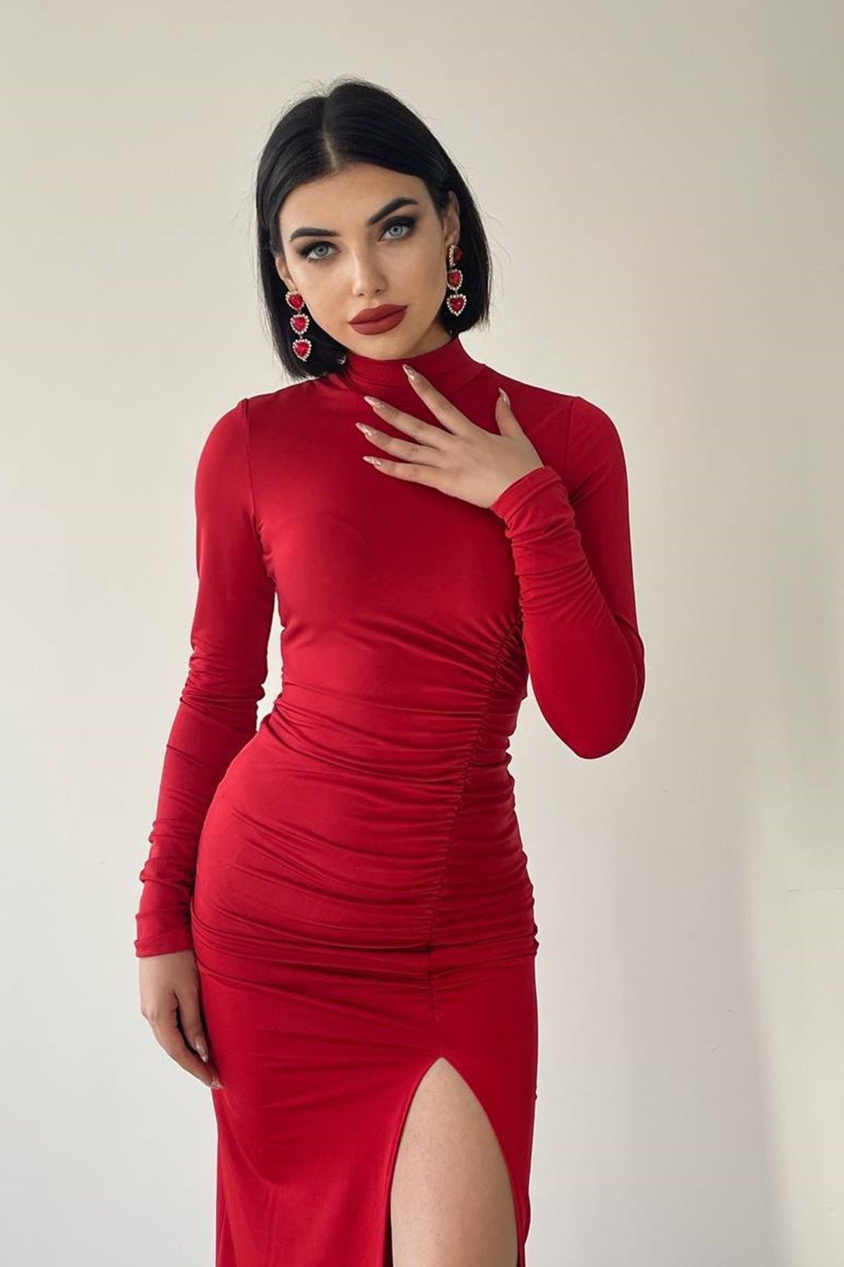 WOMAN VISION-Women's Red Stretchy Sandy Fabric Drawstring and Slit Design Midi Evening Dress 343 6