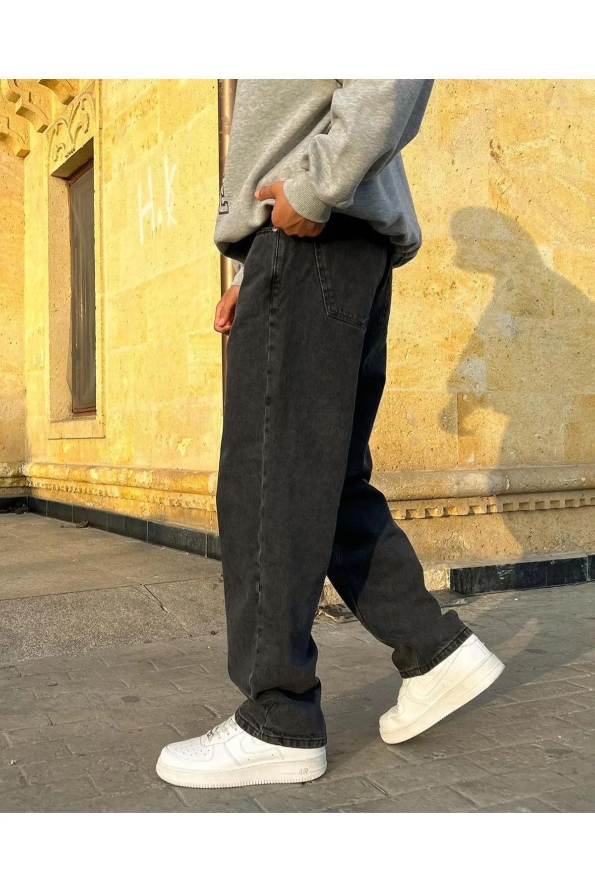Erkek Asit Yıkama Yıpratmalı Gri Kot Baggy Pantolon Jean