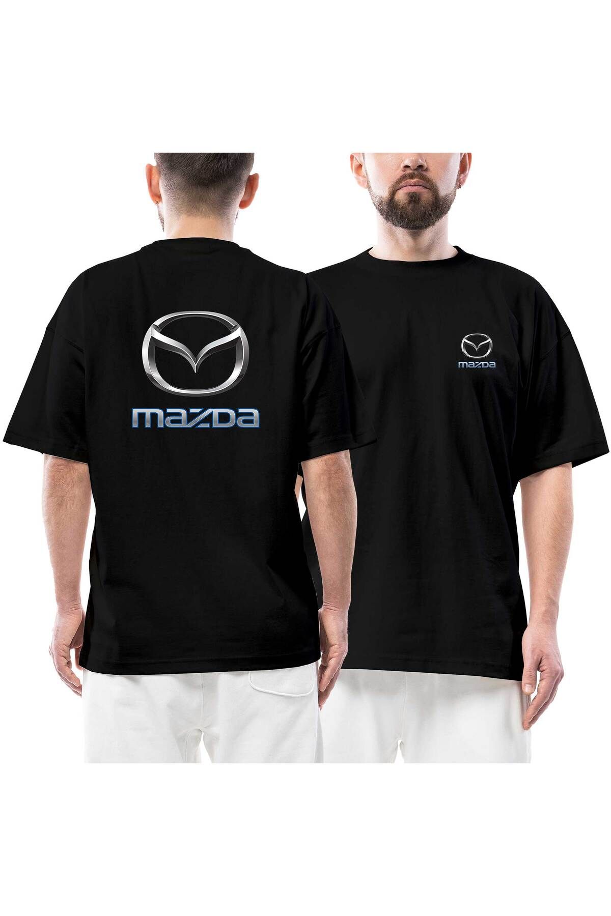 Z zepplin Mazda Logo Ön Arka Baskılı Siyah Oversize Tişört