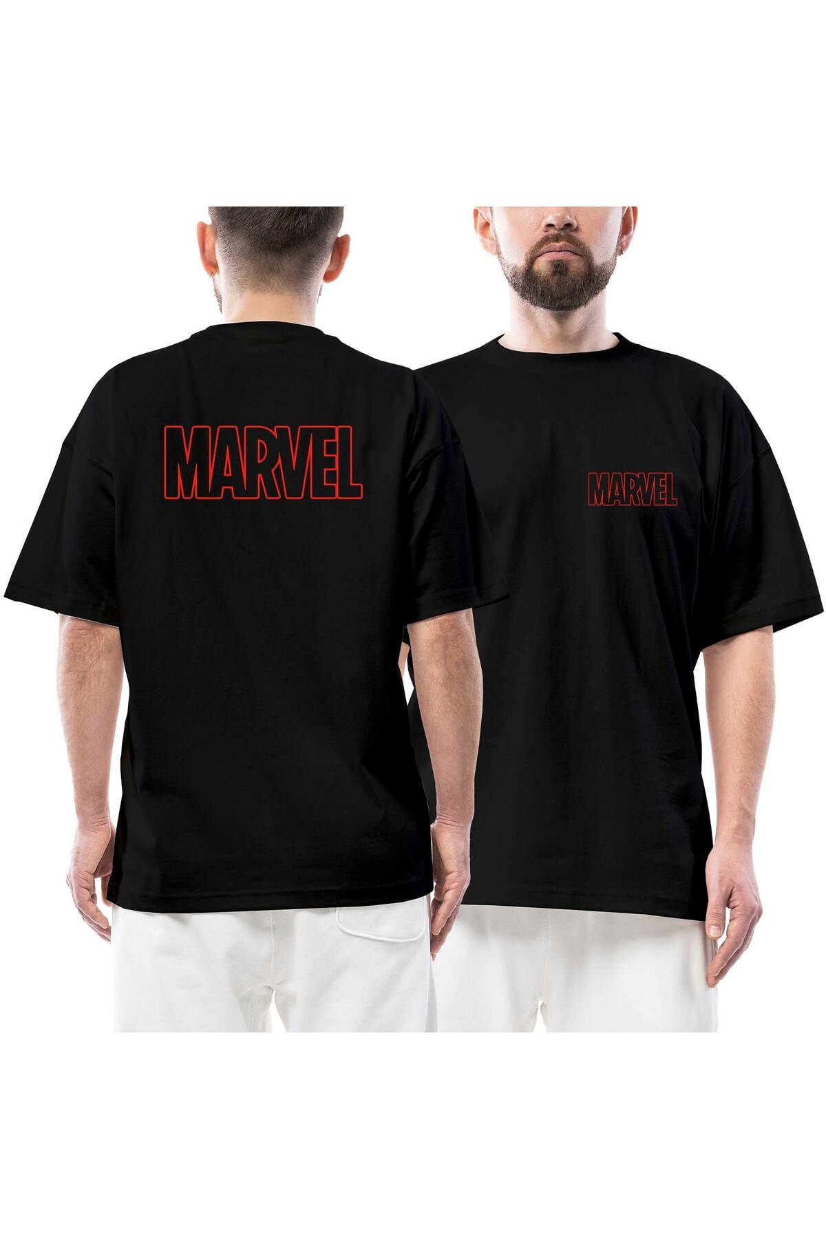 Z zepplin Marvel Outline Logo Ön Arka Baskılı Siyah Oversize Tişört