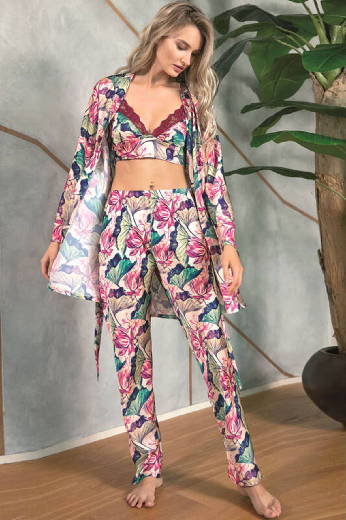 FS STORE Floral Desenli Bralet Sütyenli Saten Pijama Sabahlık Takımı 5627