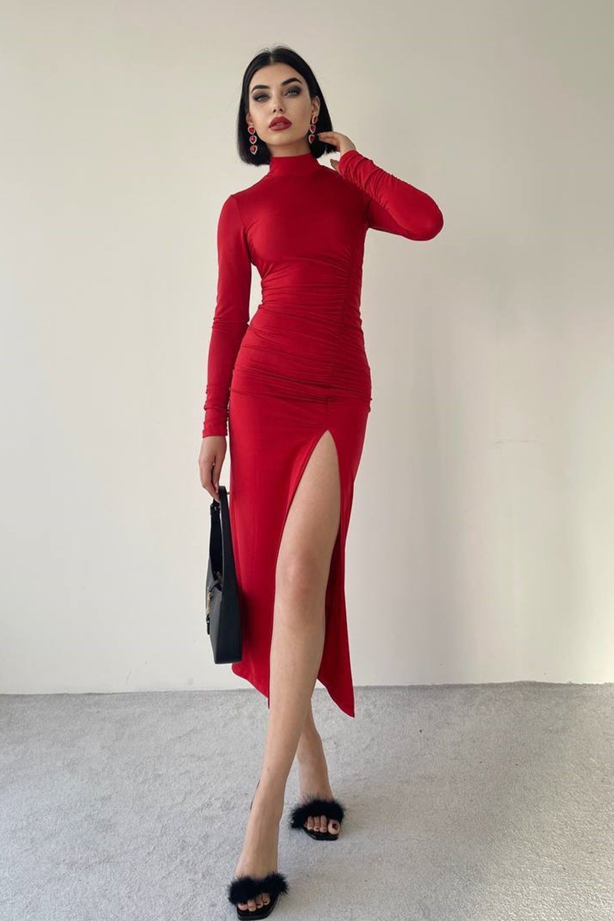 WOMAN VISION-Women's Red Stretchy Sandy Fabric Drawstring and Slit Design Midi Evening Dress 343 4