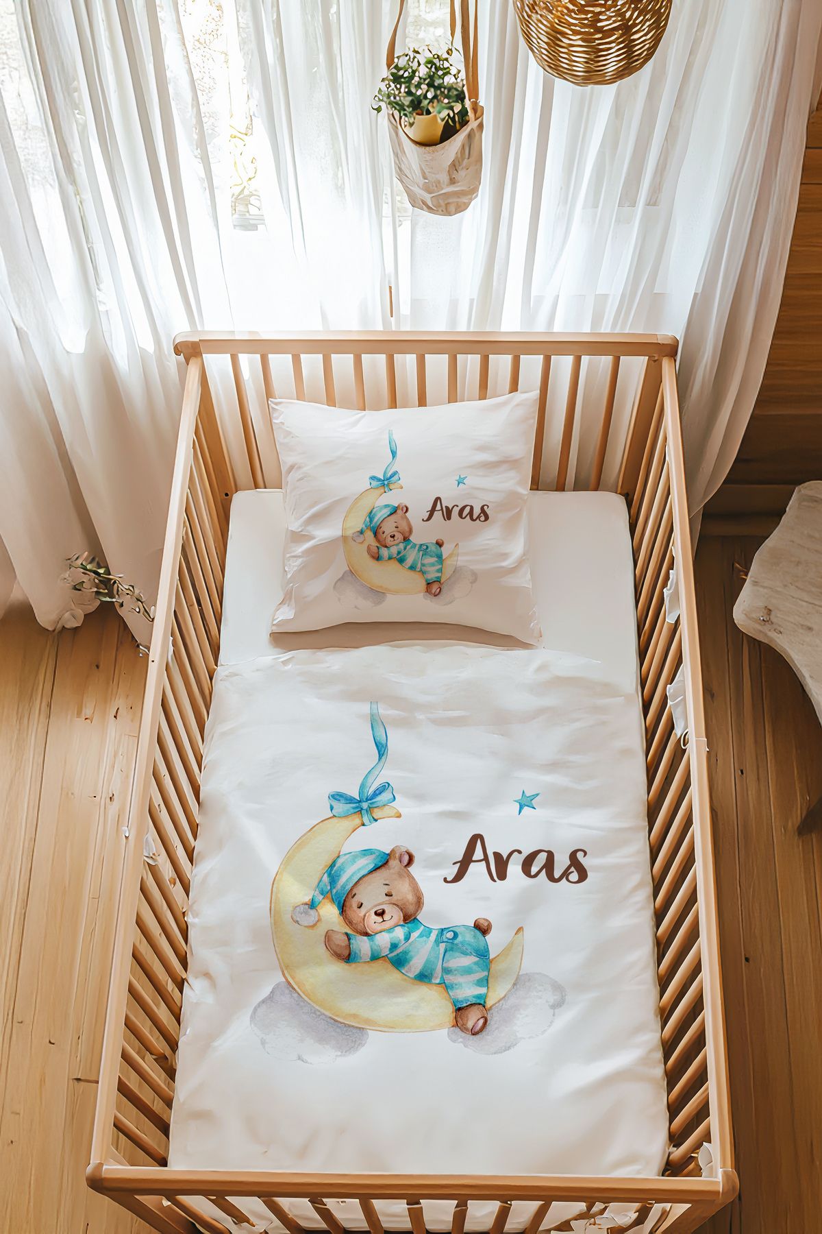 Astral Baby %100 Pamuk Saten Isme Özel Isimli Park Yatak Nevresim Takımı (70X120 CM) Ayıcık