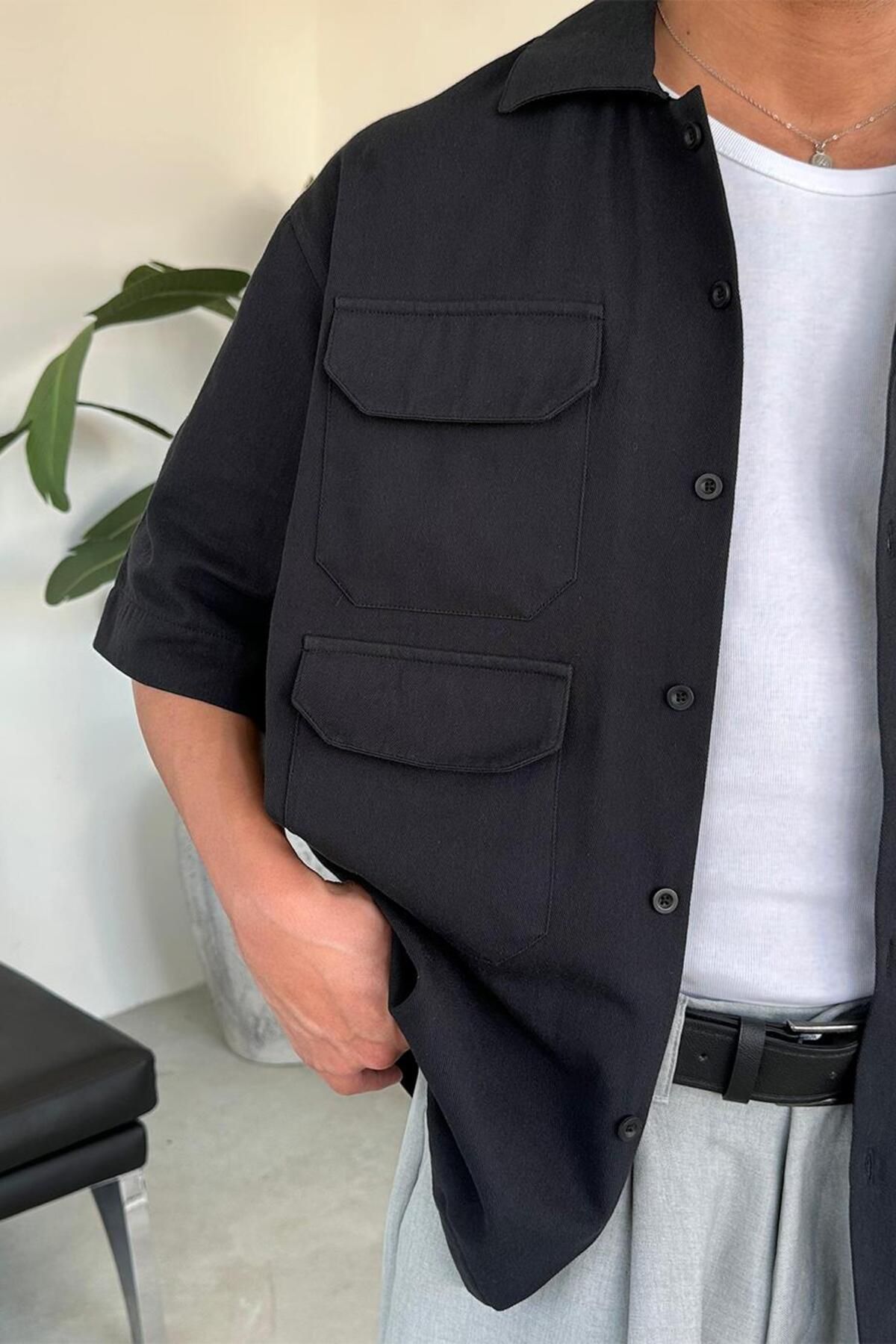 HAFKAGİYİM-Black Design Oversize Shirt with Pocket Detail 4