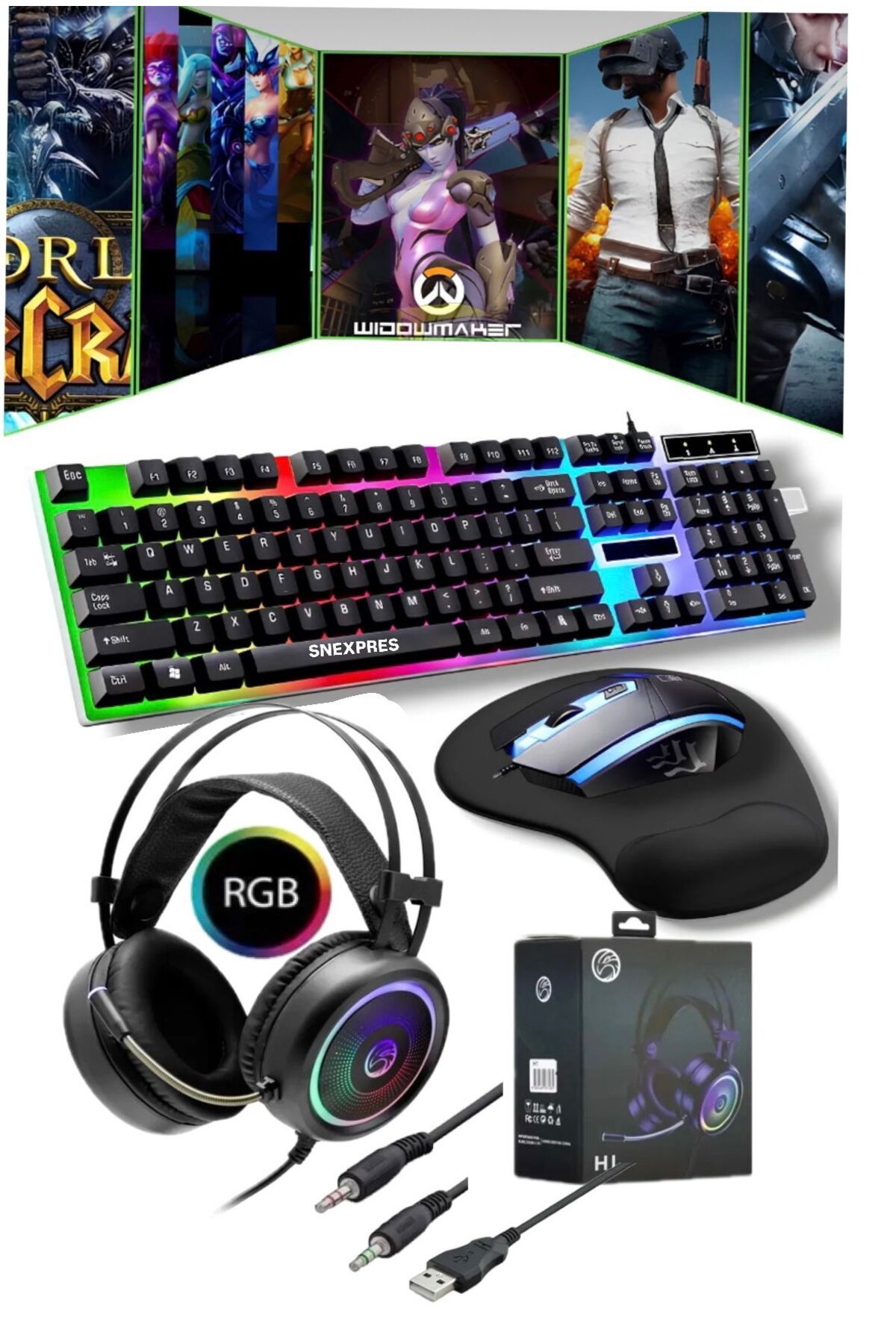 SNEXPRES Gaming Klavye Mouse Kulaklık Set Siyah