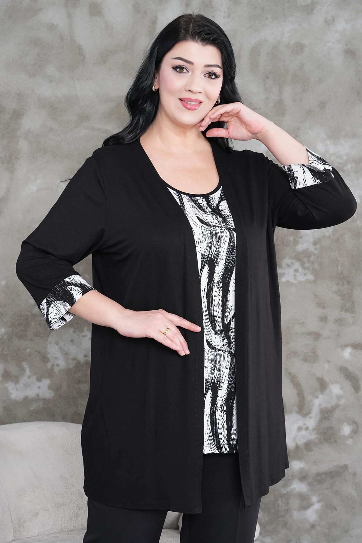 Siyezen-Plus Size Cardigan Plain Blouse Pattern Two Pieces Suit 5