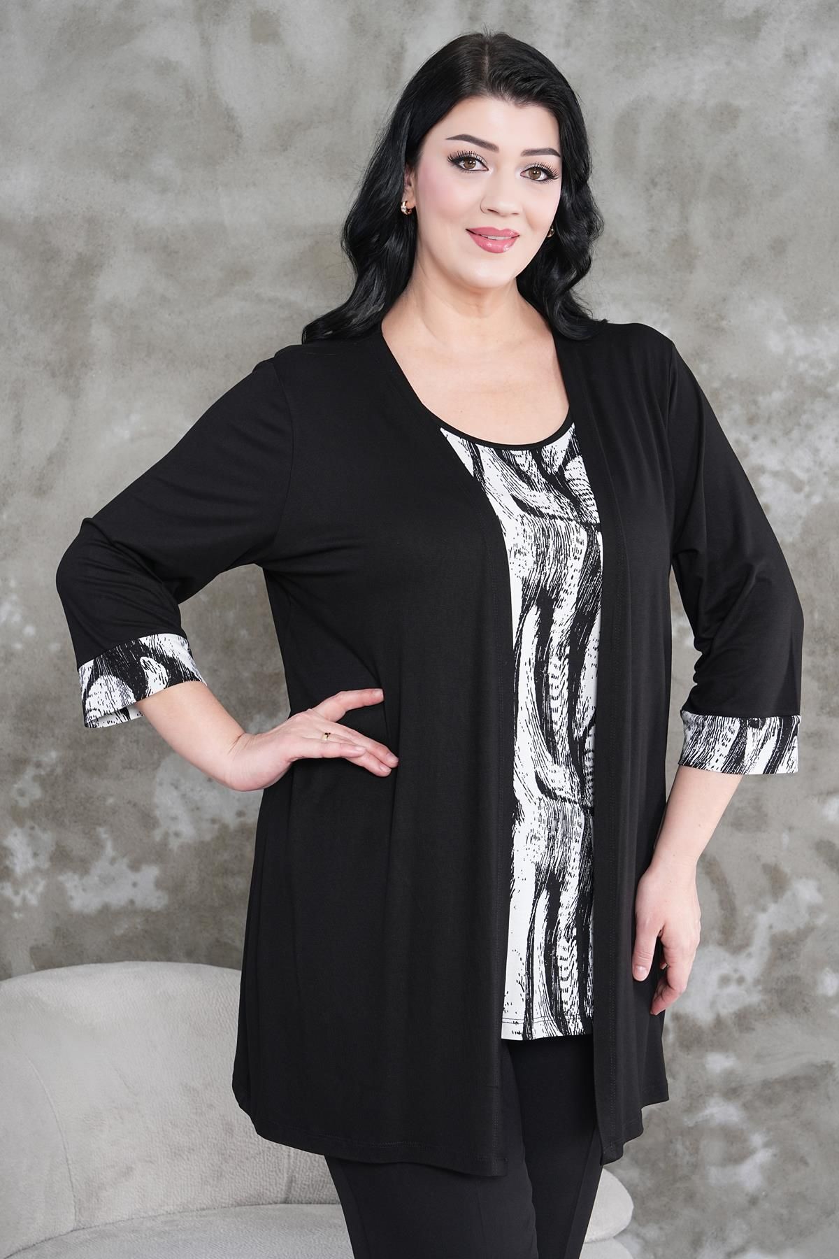 Siyezen-Plus Size Cardigan Plain Blouse Pattern Two Pieces Suit 6