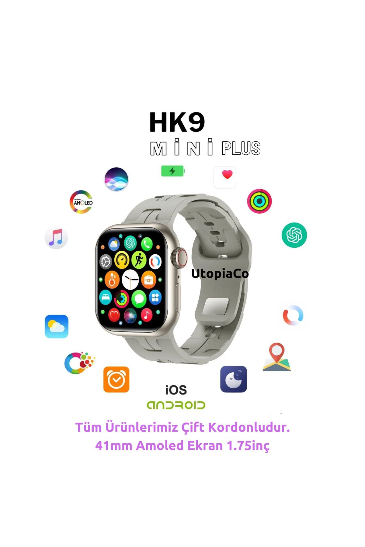 TEKNOTOPIA HK9 Mini Plus Kadınlar için Akıllı Saat 41mm İnce Bileklere Özel Amoled Ekran Android Ios Uyumlu