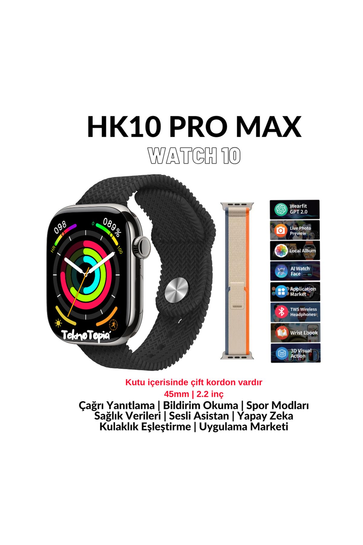 TEKNOTOPIA HK10 Pro Max Akıllı Saat Gen5 2.02inç Amoled Ekran Bluetooth ChatGPT Android Ios Uyumlu