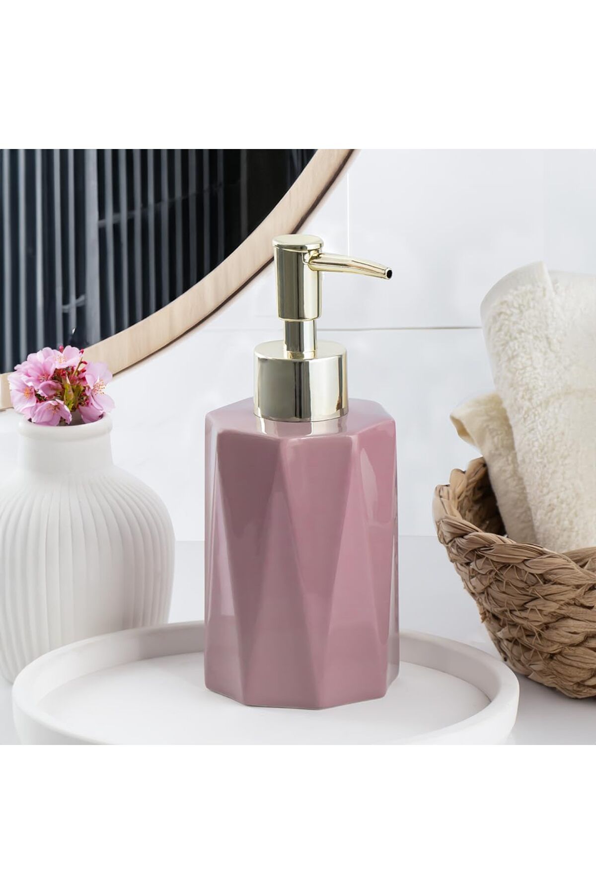 STOREMAX jvnnastore 3205 Seramik Sıvı Sabunluk - Tezgah Üstü Banyo Mutfak Lavabo Sabunluğu - 250 cc Pudr