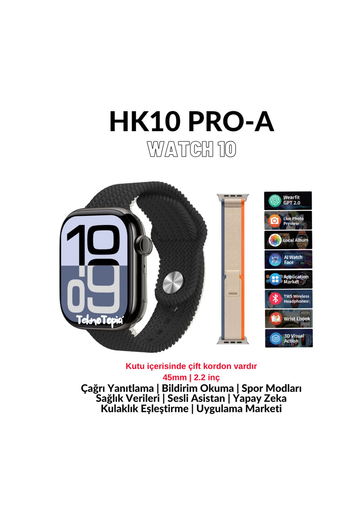 TEKNOTOPIA HK10 Pro-A 47mm 1.96inç Amoled Ekran Akıllı Saat Bluetooth Arama Nfc Android Ios Uyumlu