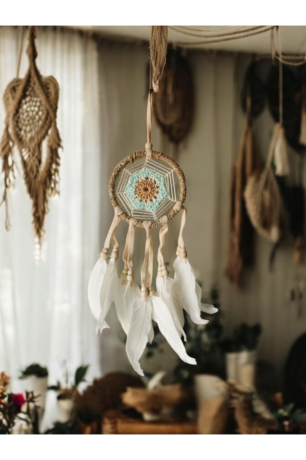 Halley Concept El Yapımı Örme Desen Kuş Tüyü Süslemeli Mini Düş Kapanı Dreamcatcher 10x30 cm