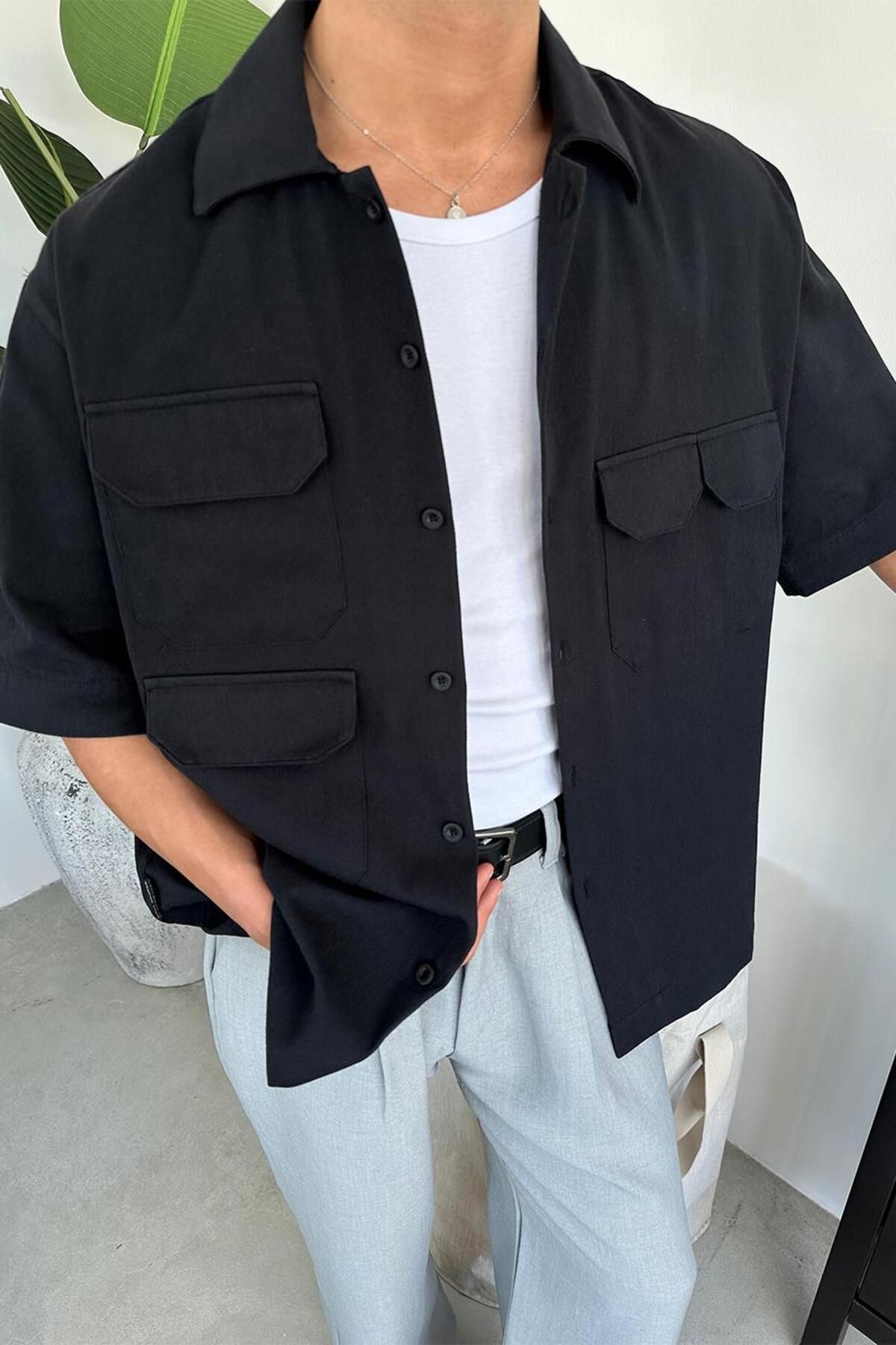 HAFKAGİYİM-Black Design Oversize Shirt with Pocket Detail 2