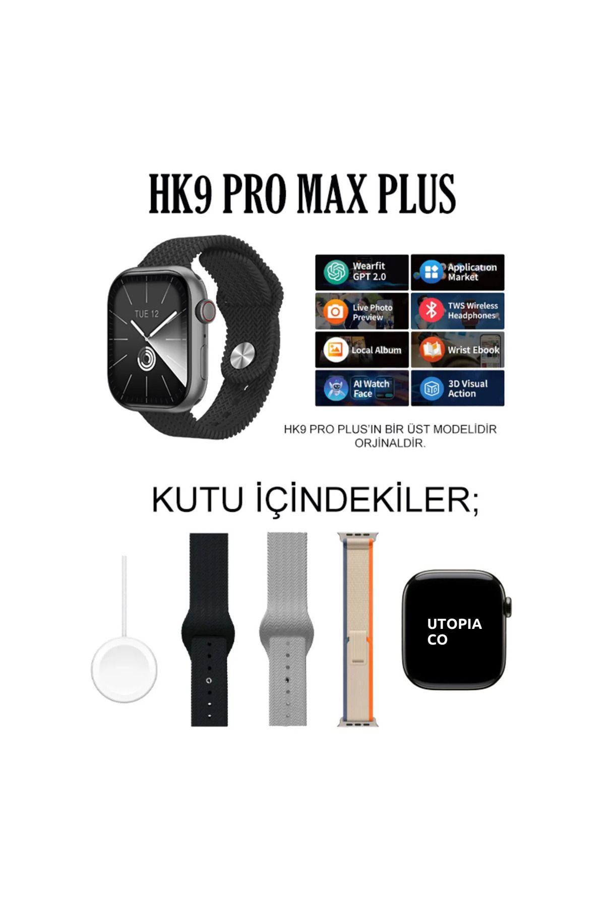 TEKNOTOPIA HK9 Pro Max Plus Akıllı Saat 45mm Amoled Ekran Gen4 2GB Hafıza ChatGPT Android Ios Uyumlu