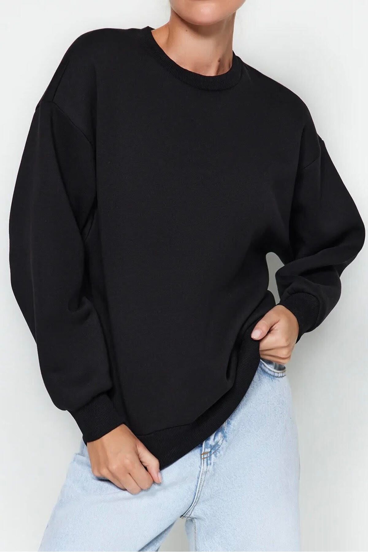 BONNYWILLL SİYAH OVERSIZE SWEATSHIRT BİSİKLET YAKA ETEK UCU KOL UCU YAKA RİBANA