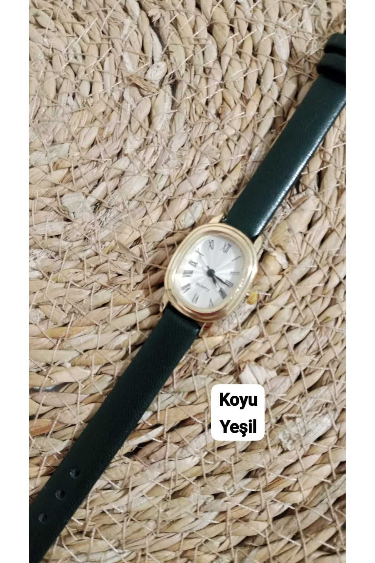 Brality Yeni Moda Kadın Kol Saati ...Retro Minimal...Vintage Model....( Koyu Yeşil Düz ) Kordon... 0014