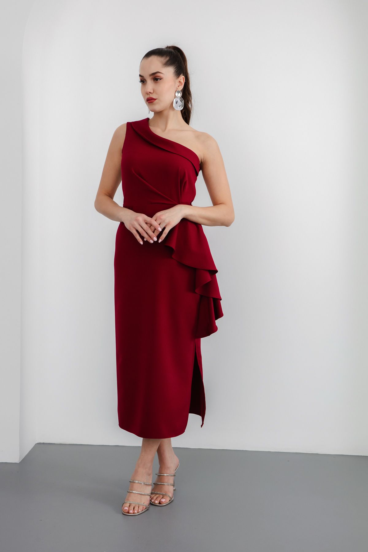 Lafaba-Women's Burgundy One Shoulder Ruffle Midi Dress 3