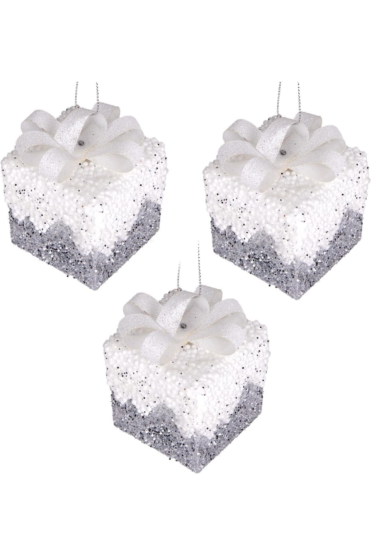 yenibagshop Yılbaşı Süsü Hediye Paketi Simli Kurdelalı 3'lü Paket Gümüş-Beyaz 6 Cm.