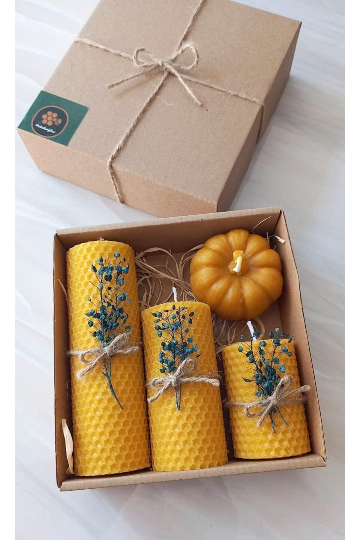 yenibagshop Dekoratif Doğal Petek Balmumu Mum Bal Kabağı Çiçekli Set Bal Mumu mum Hediyelik