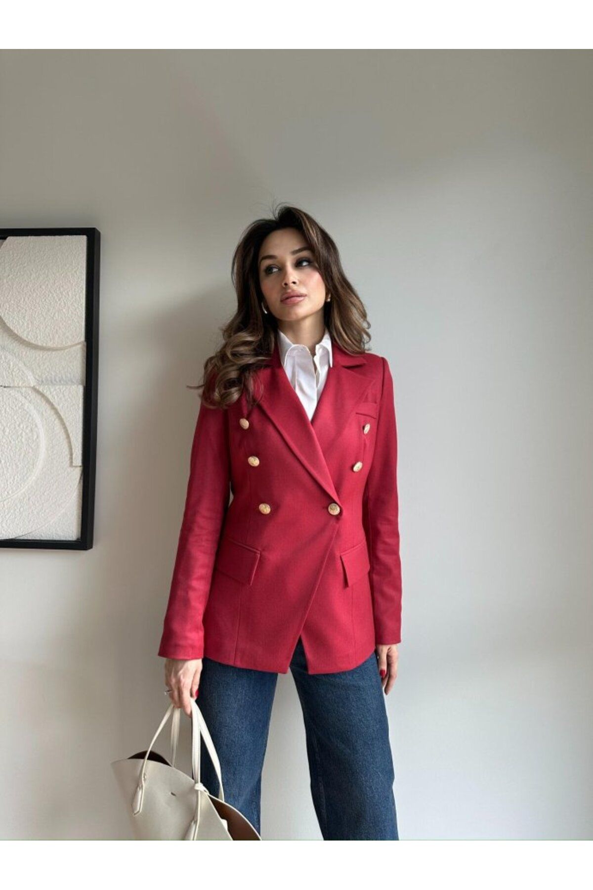 Rabia Çelik Kadın Bordo Gold Düğmeli Blazer Ceket