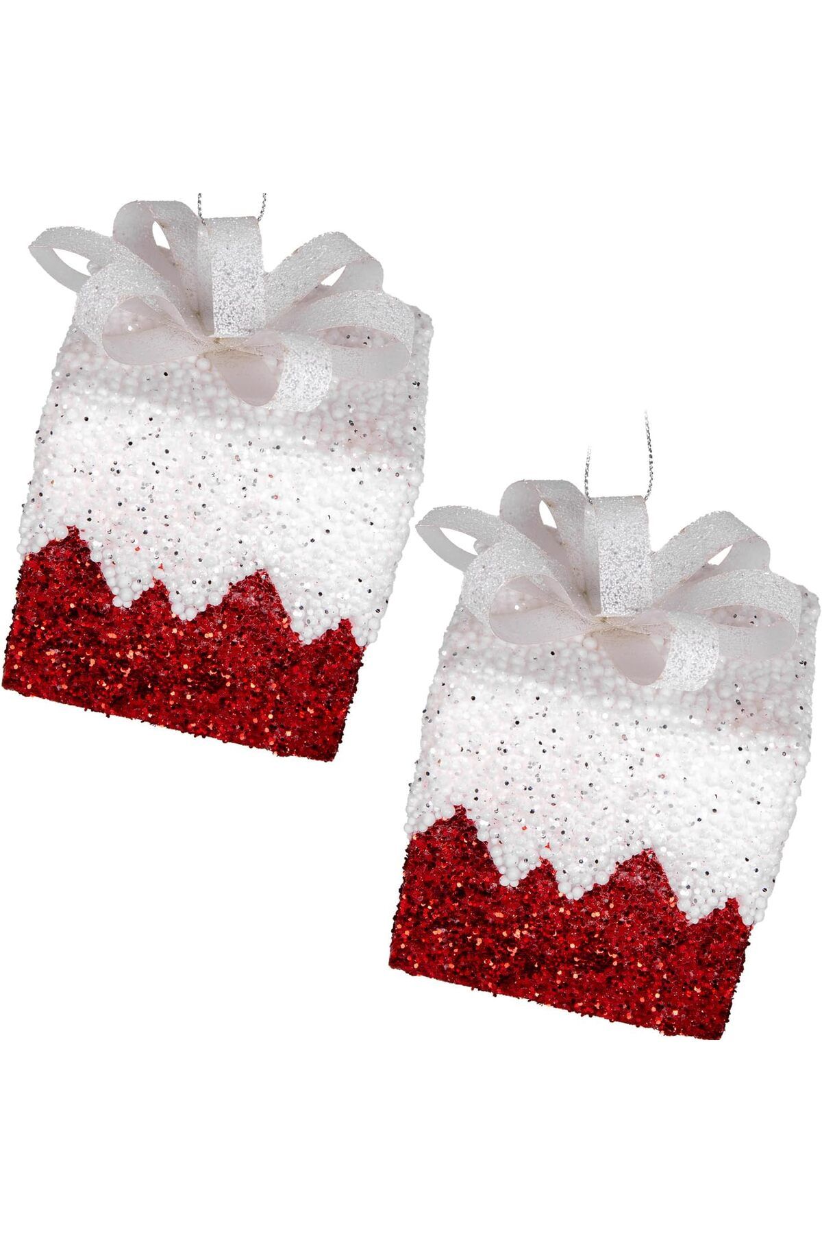 STOREMAX srhtDS Yılbaşı Süsü Hediye Paketi Simli Kurdelalı 2'li Paket Kırmızı-Beyaz 8 Cm. Desing 266