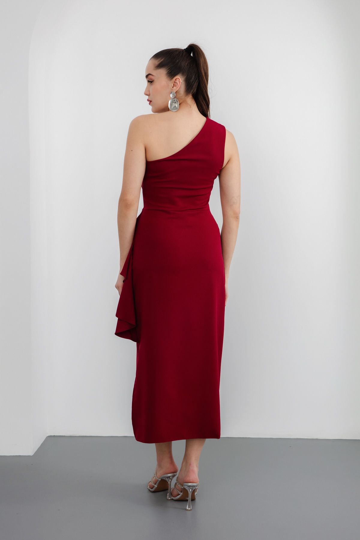 Lafaba-Women's Burgundy One Shoulder Ruffle Midi Dress 5