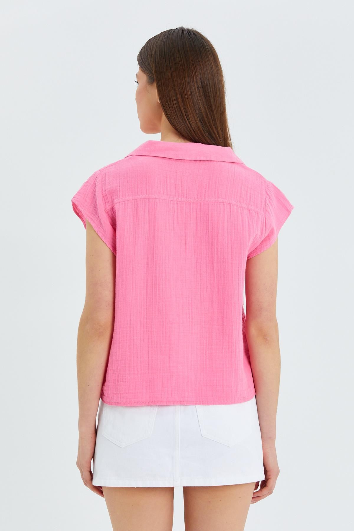 Mixray-Cămașă Crop de muselină roz model 4555 - Femei, cu cravată în față 6