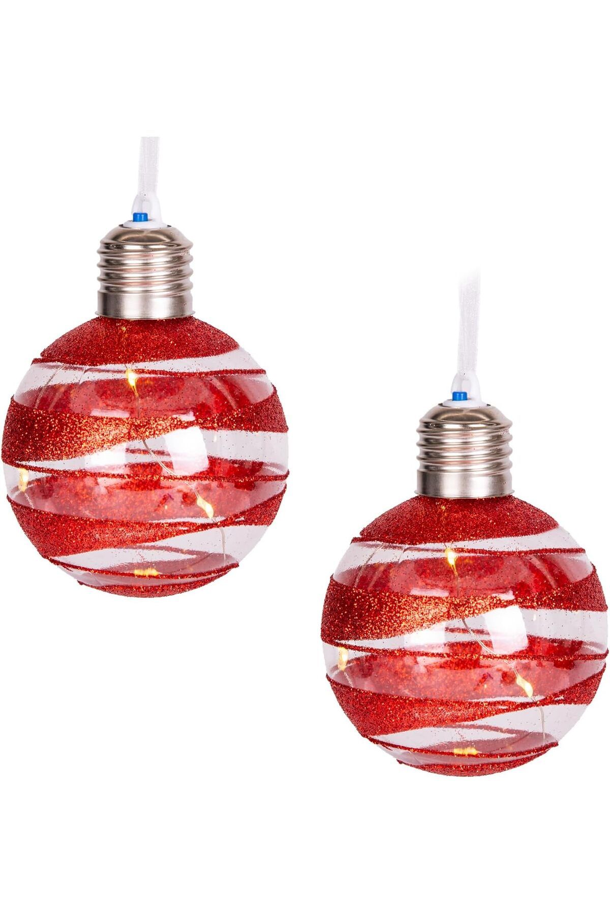 STOREMAX Yılbaşı Topu Ampul Led Işıklı Gold Simli Kırmızı 2'li Paket 7 Cm.
