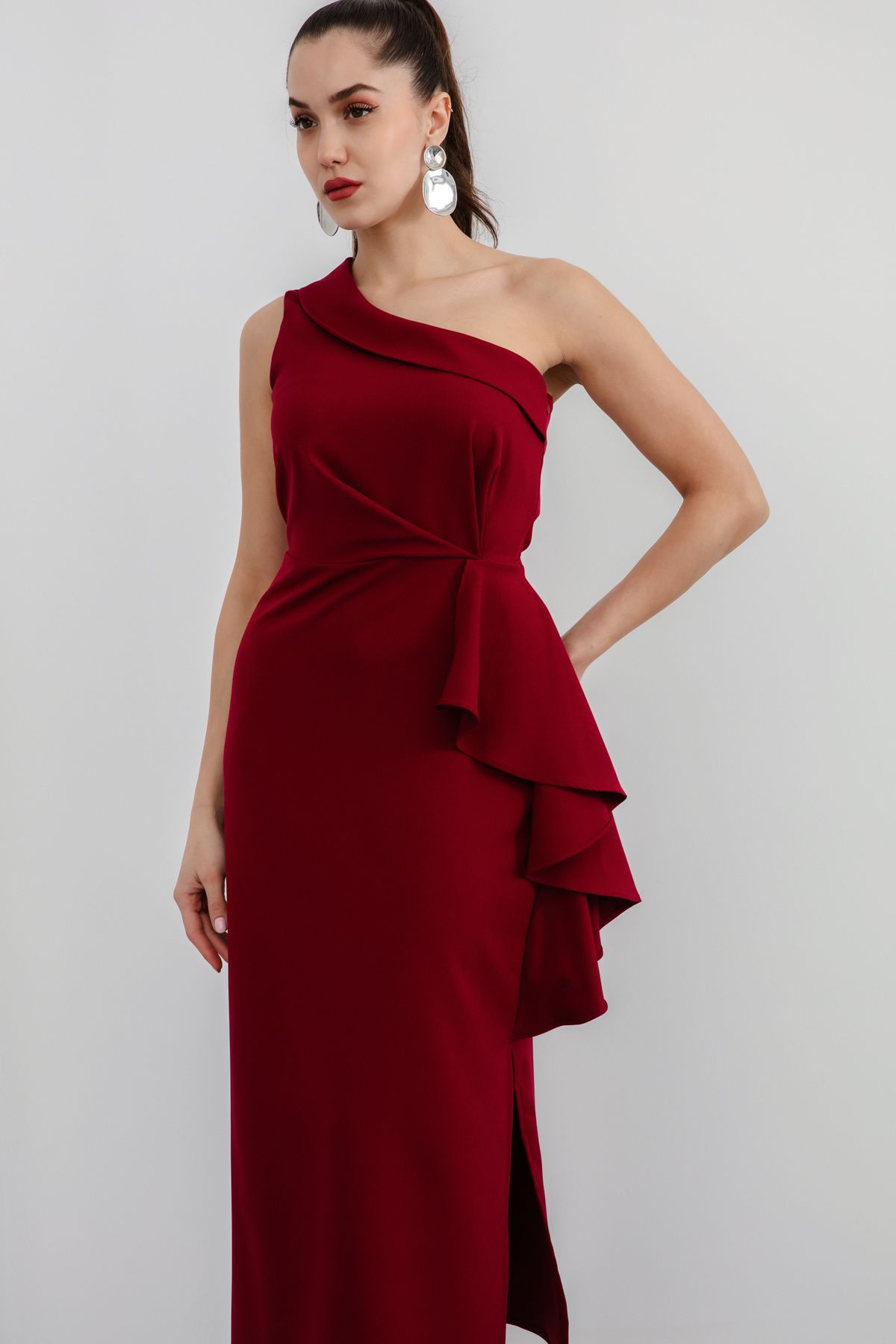 Lafaba-Women's Burgundy One Shoulder Ruffle Midi Dress 2
