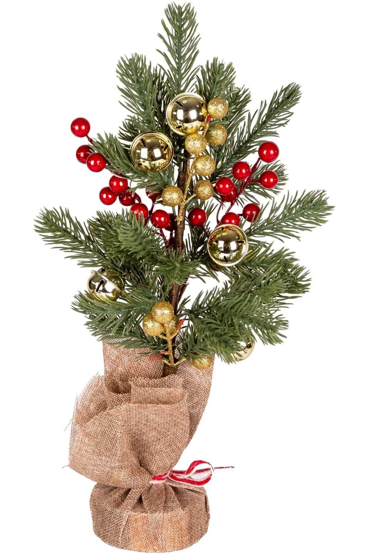 STOREMAX srhtDS Yılbaşı Süsü Masa Çamı Yılbaşı Çıngıraklı Gold Berryli Kırmızı-Gold 14x38 Cm
