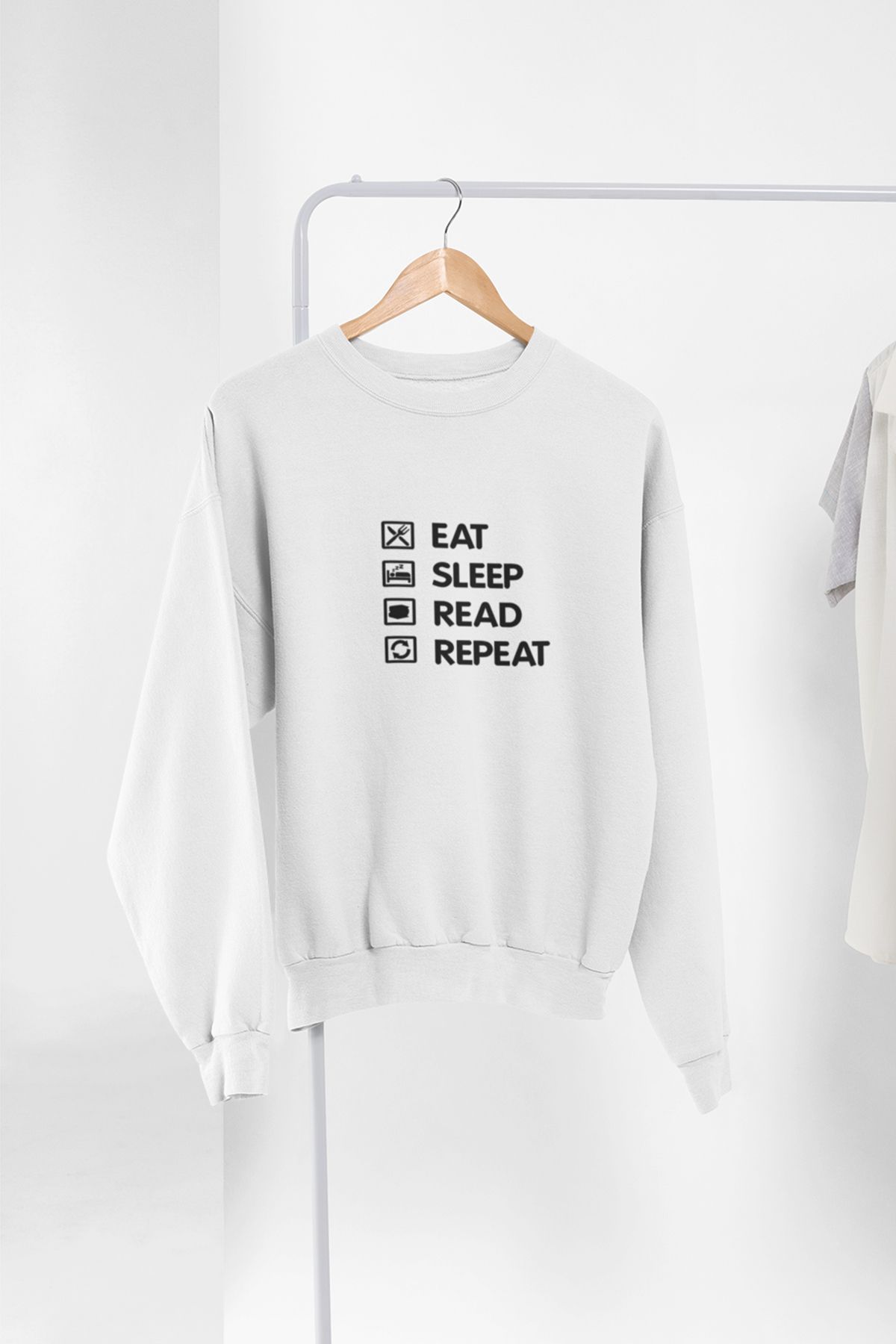 qoeuyl boutique Eat Sleep Read Repeat Baskılı Eğlenceli Unisex Bisiklet Yaka Sweatshirt