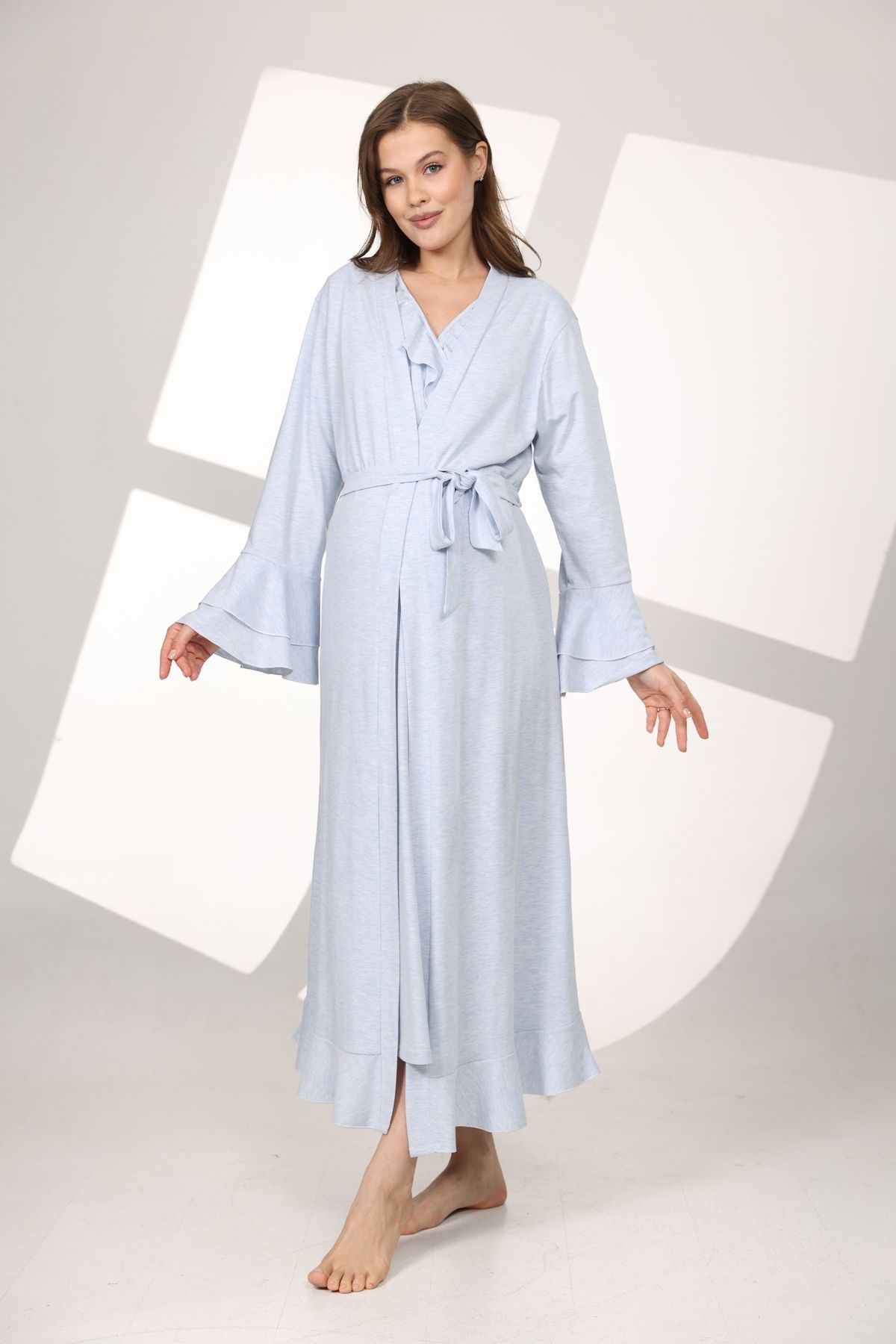 BEYVİP-Pregnant Maternity Nightgown Set with Blue Melange Soft Texture Double Breasted Dressing Gowns 7