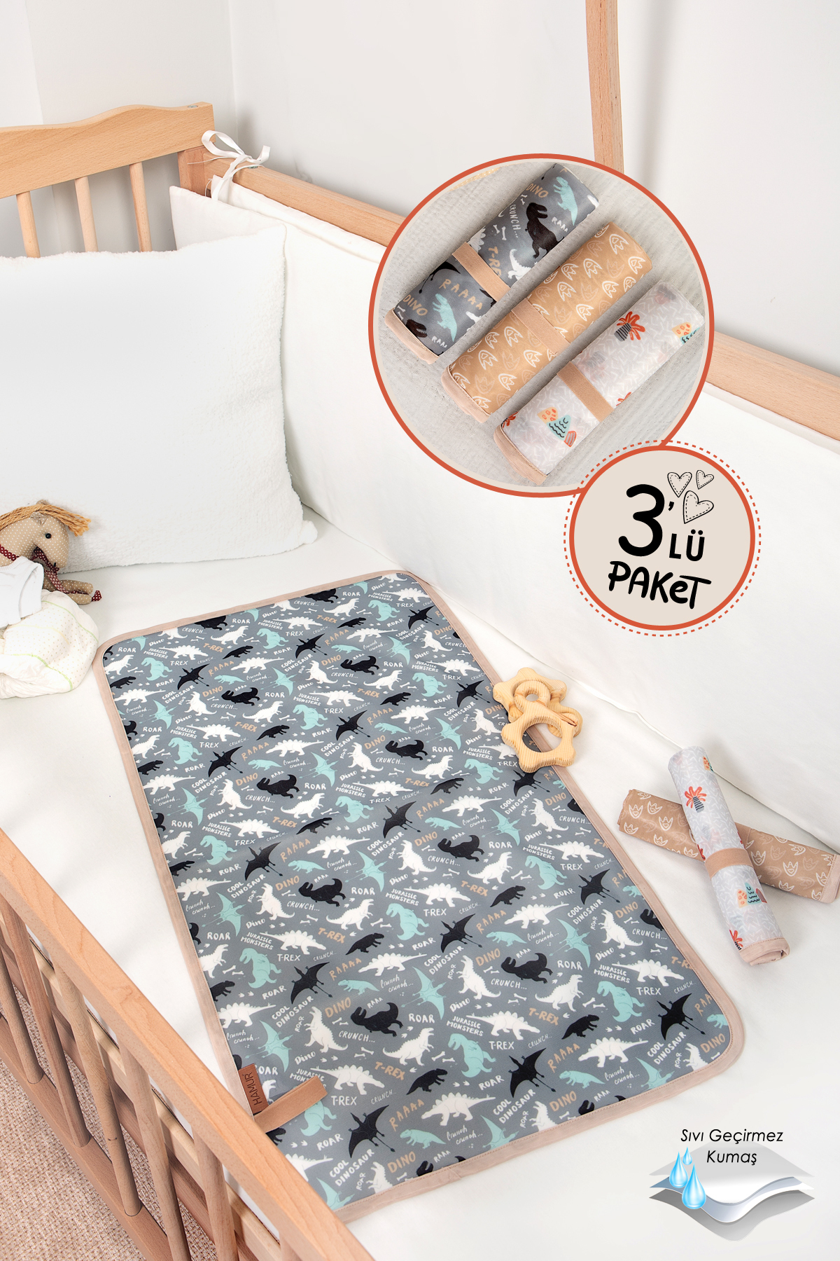 HAMUR Baby Proof 3'lü Alt Açma Değiştirme Örtüsü Sıvı Geçirmez Koruyucu Alez Yıkanabilir Bebek Bakım Pedi fotoğrafı 2 (önizleme)