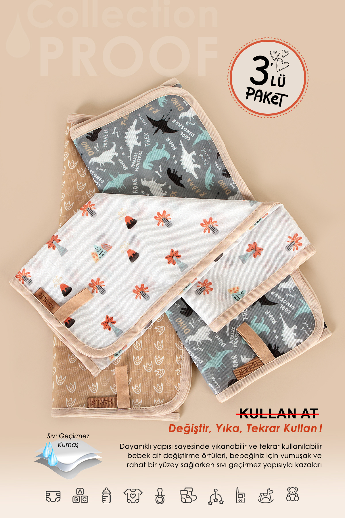 HAMUR Baby Proof 3'lü Alt Açma Değiştirme Örtüsü Sıvı Geçirmez Koruyucu Alez Yıkanabilir Bebek Bakım Pedi fotoğrafı 3 (önizleme)