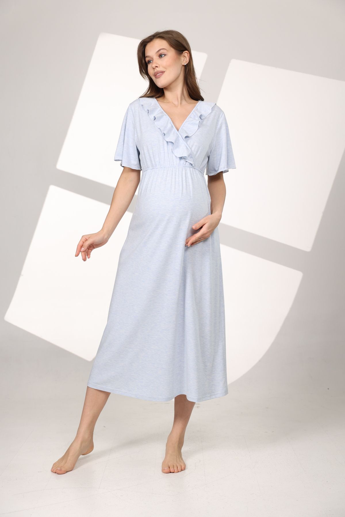 BEYVİP-Pregnant Maternity Nightgown Set with Blue Melange Soft Texture Double Breasted Dressing Gowns 4