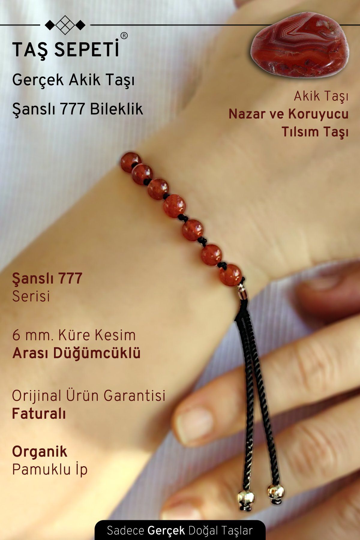 TAŞ SEPETİ 777 Şanslı Serisi Gerçek Akik Doğal Taşı Unisex Şans Bilekliği