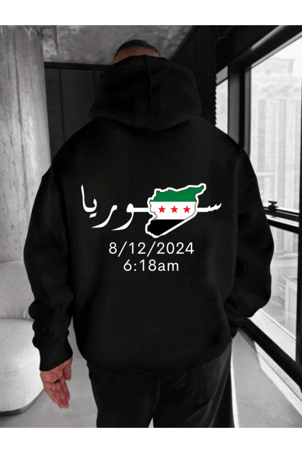 EFFRENATU Hoodie Kışlık Sweatshirt Suriye Bayrağı Baskılı Oversize Kalın Kapüşonlu  3 iplik