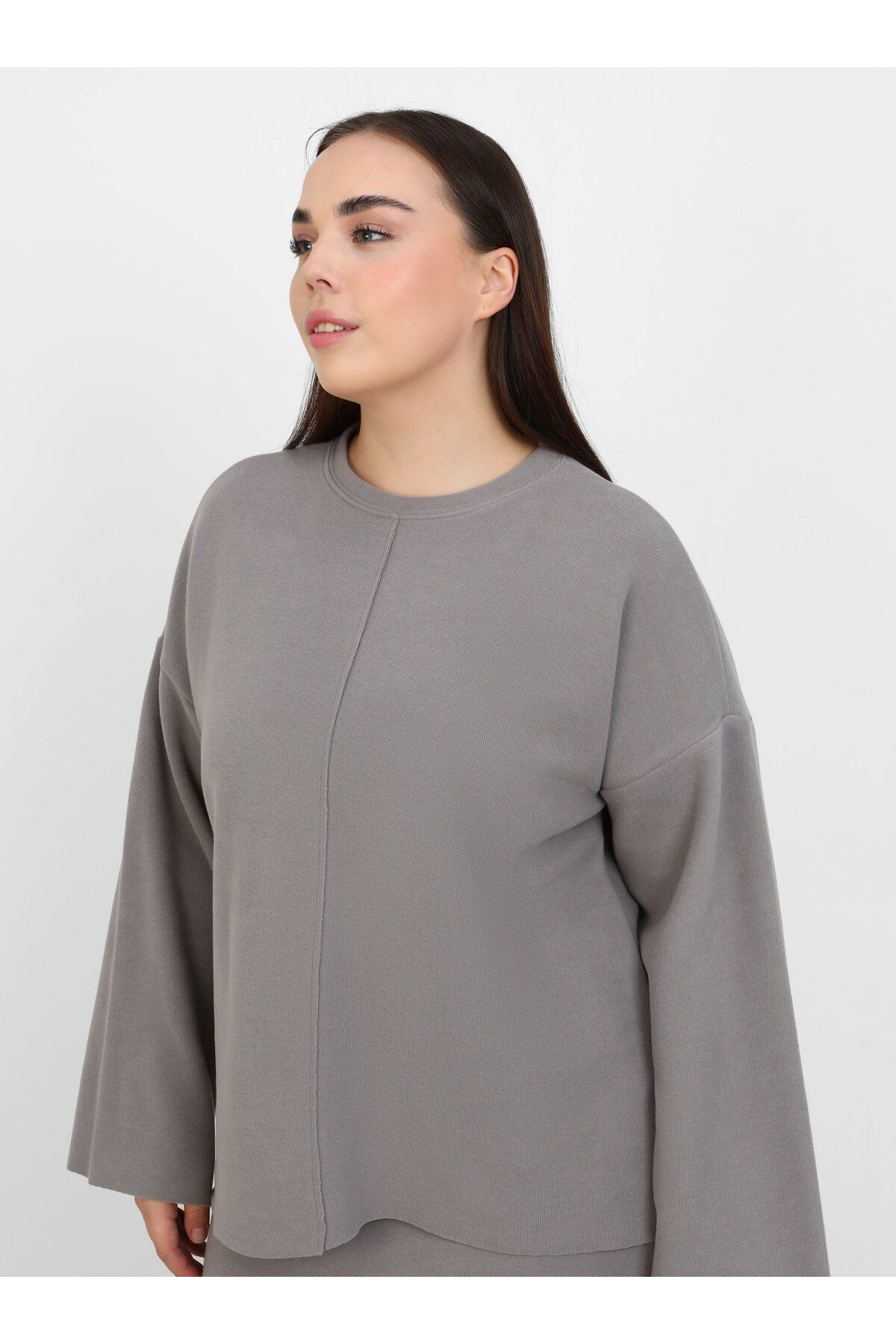 ALİA-Soft Button Plus Size Skirt Suit - Dark Gray - Alia 3