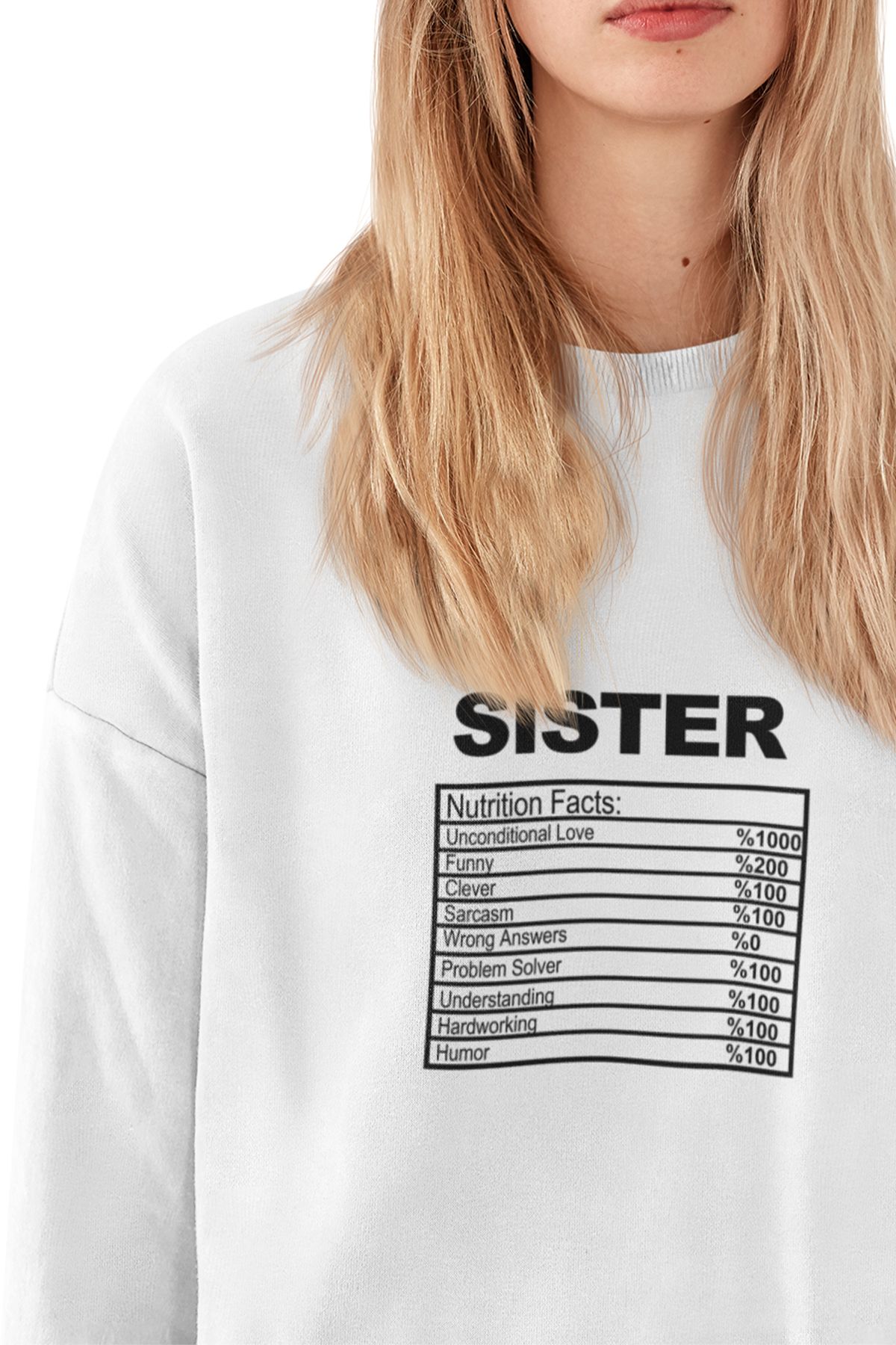 qoeuyl boutique Sister Nutrition Facts Baskılı Kız Kardeş Abla Hediyelik Eğlenceli Unisex Bisiklet Yaka Sweatshirt