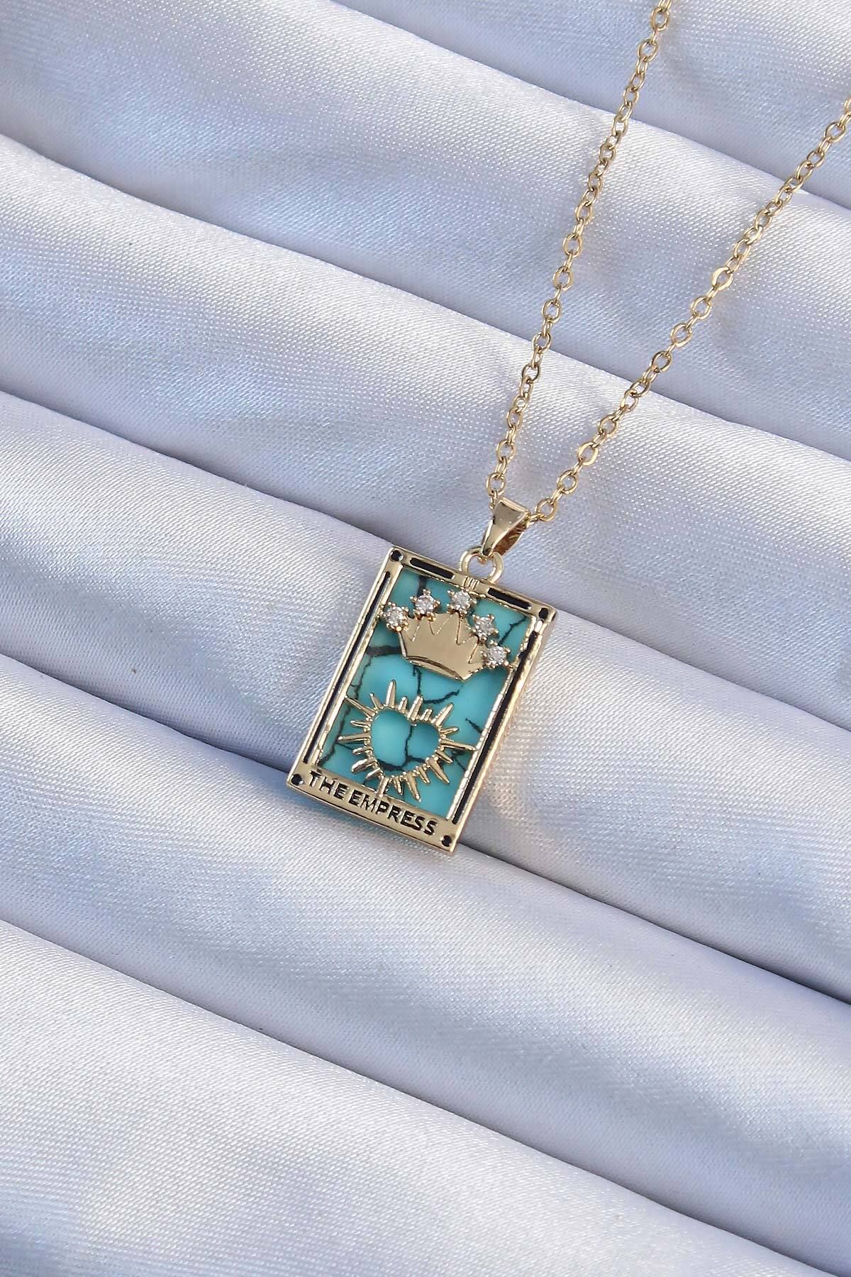 doremodam 316L Çelik Zincir Altın Renk Zirkon Taşlı Mavi Mermer Desenli Taç Model Tarot Kolye - Lisi