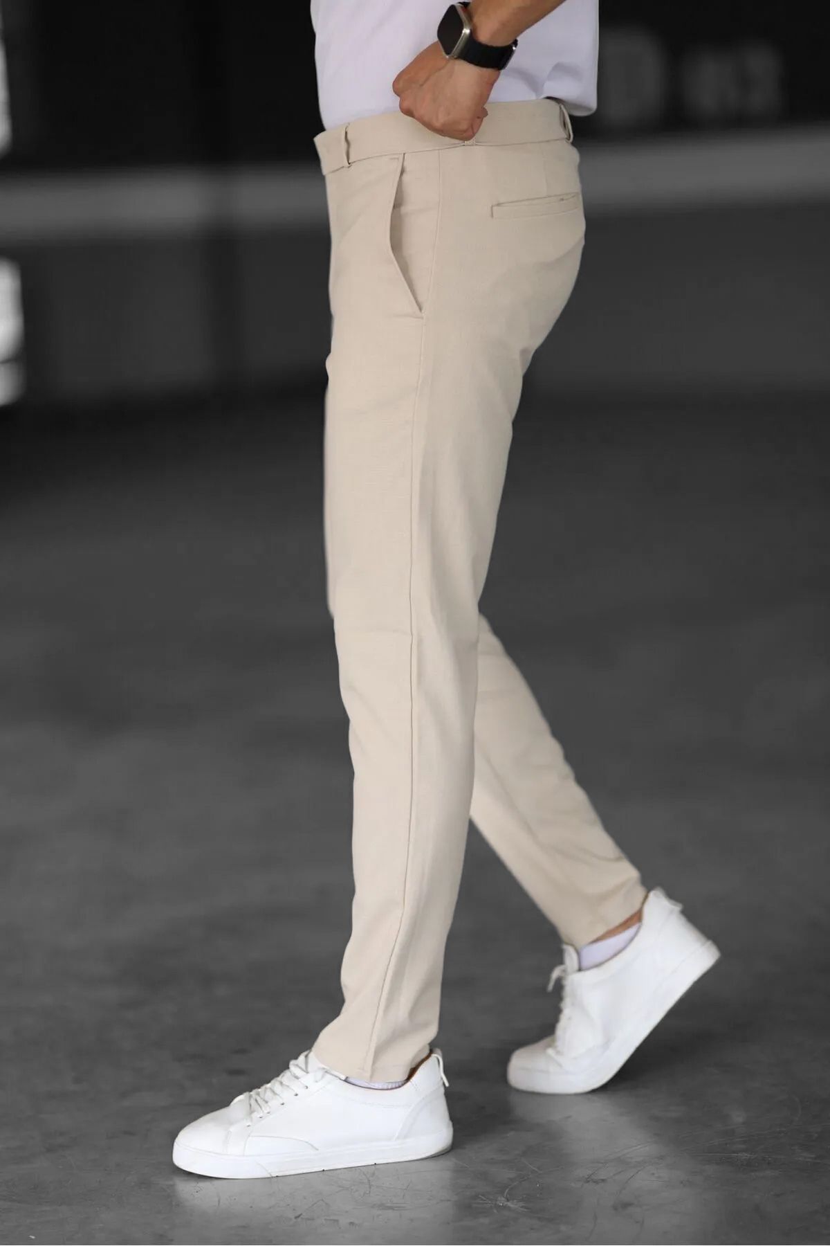 NO1 KONSEPT-Men's Beige Lycra Italian Cut Ankle Length Fabric Trousers 5